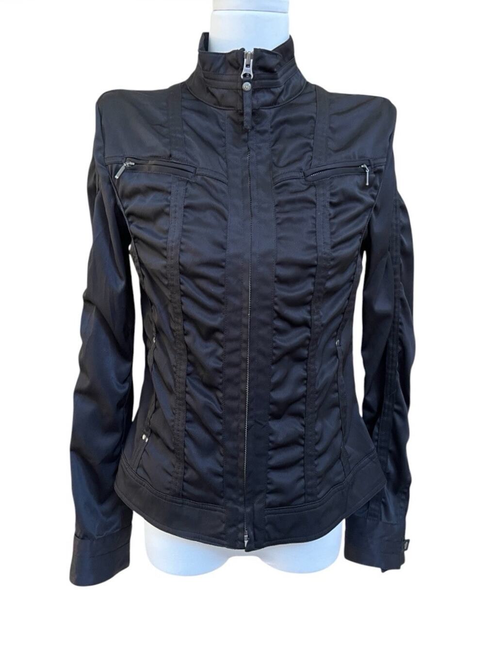 MNG Mango Black Moto Jacket Full Zip Ruched Women’s Sz S Pockets Studded